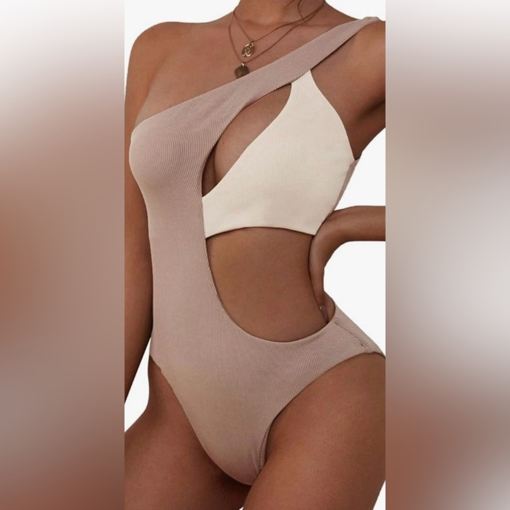One Shoulder Asymmetrical Cutout Swimsuit in Beige and Cream by Zaful